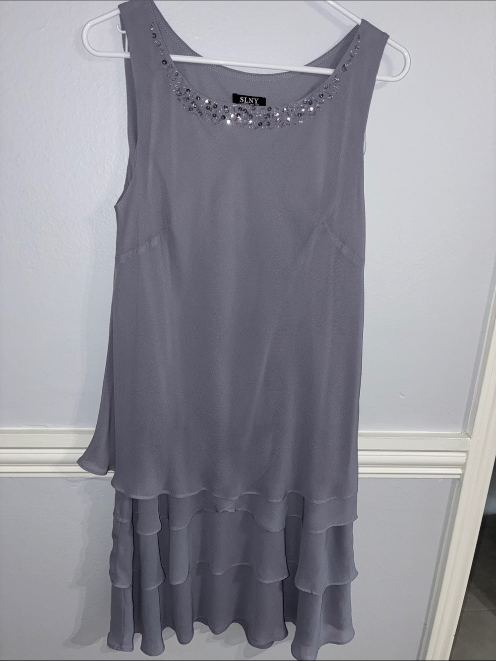 SLNY- SL Fashions Beaded Jacket Dress Set, Petite 14P, Slate Gray, Tiered Formal